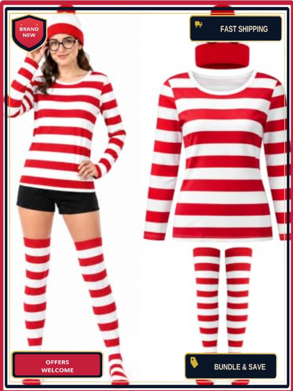 4Pcs Halloween Costume Set Striped Shirt Pom Hat Socks Glasses Cosplay
